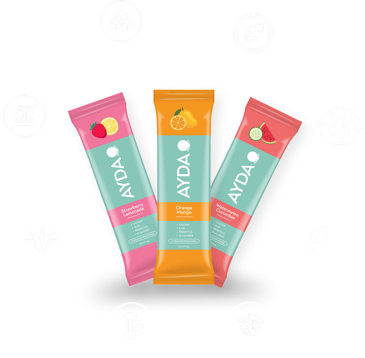 No added sugar, clean ingredients, hydration support, L-Theanine, Prebiotics, Calcium, Aloe Vera,  and non-GMO