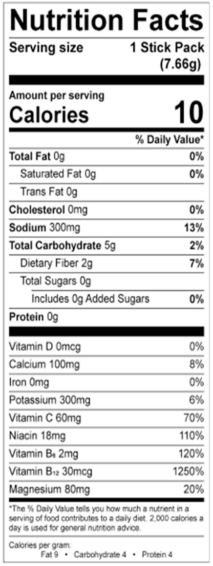 Nutrition facts label for a stick pack with detailed nutritional information.